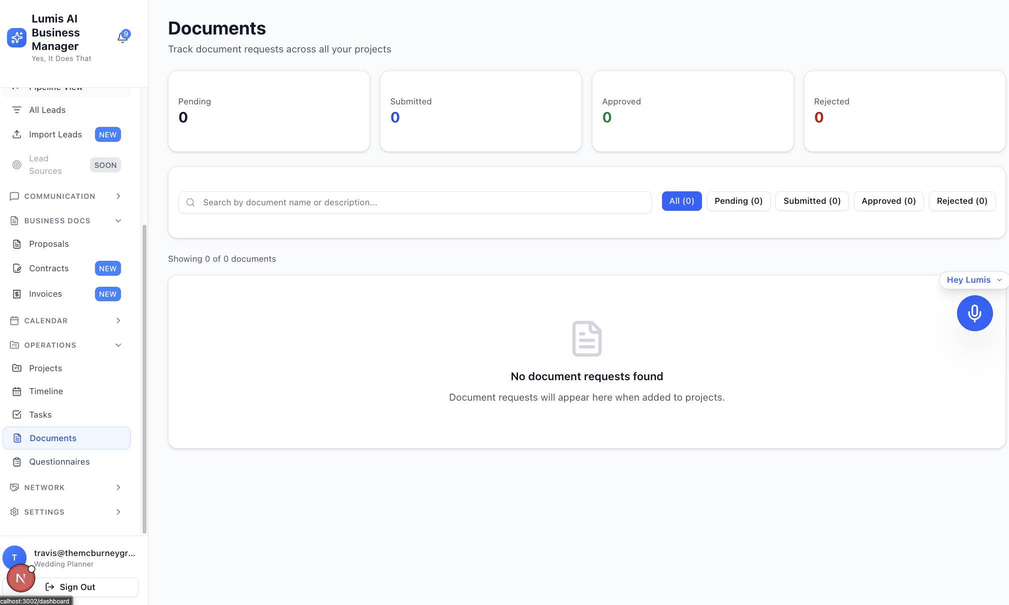 Lumis Documents view showing document request tracking with approval workflow statuses