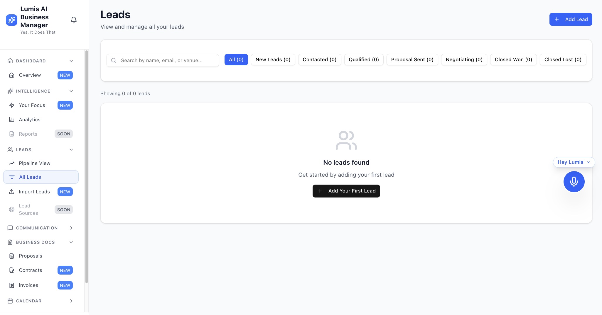 Lumis Leads view showing pipeline status filters and lead management interface