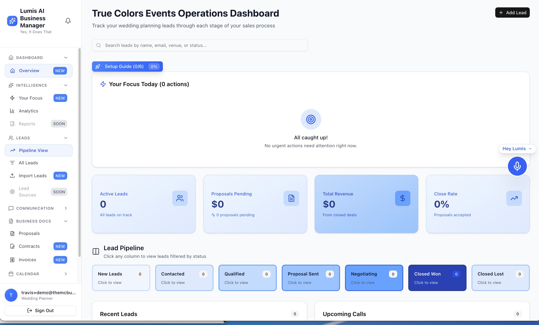 Lumis Operations Dashboard showing lead pipeline, revenue metrics, and daily focus priorities