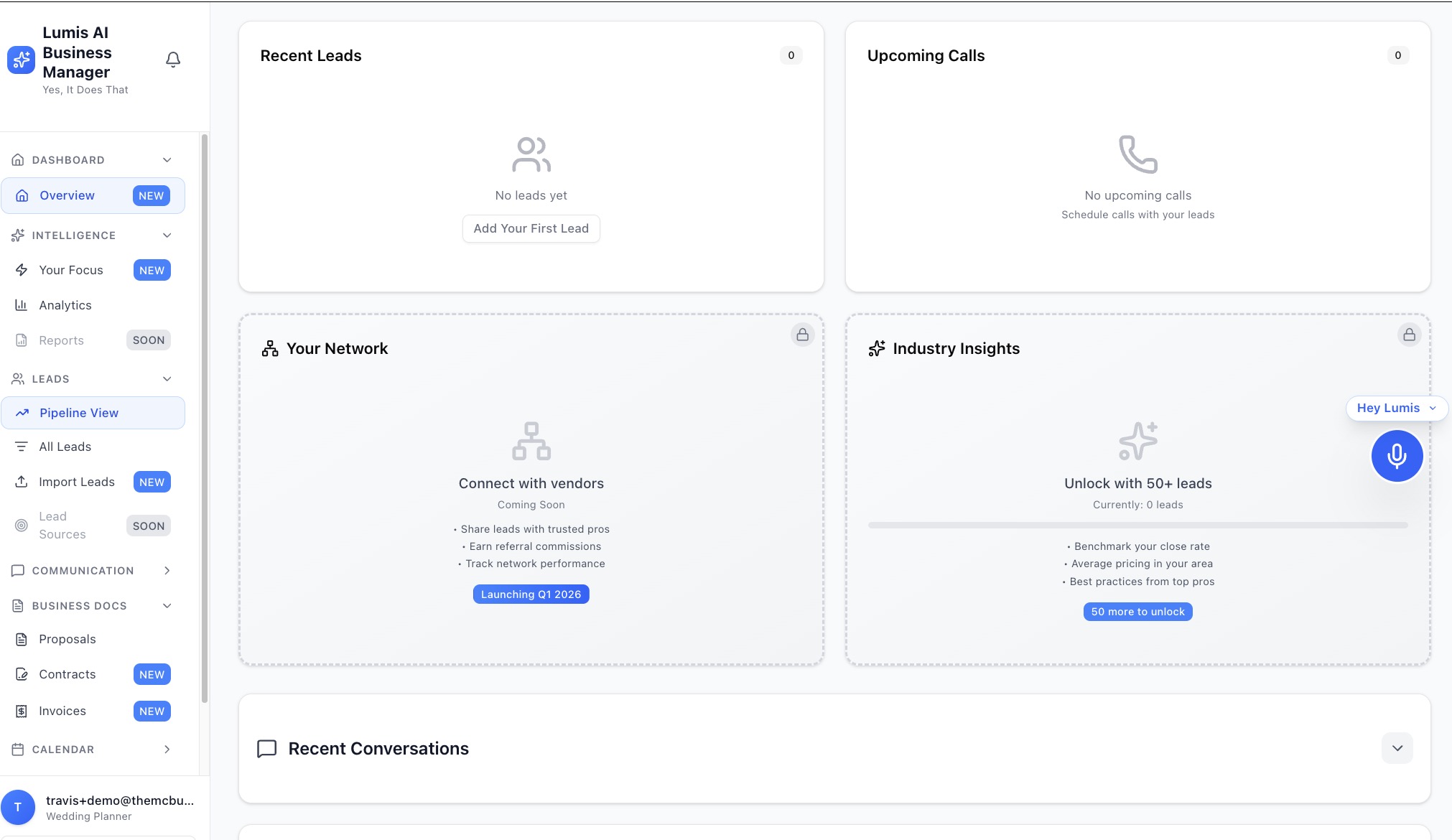 Lumis Overview showing recent leads, upcoming calls, vendor network, and industry insights panels