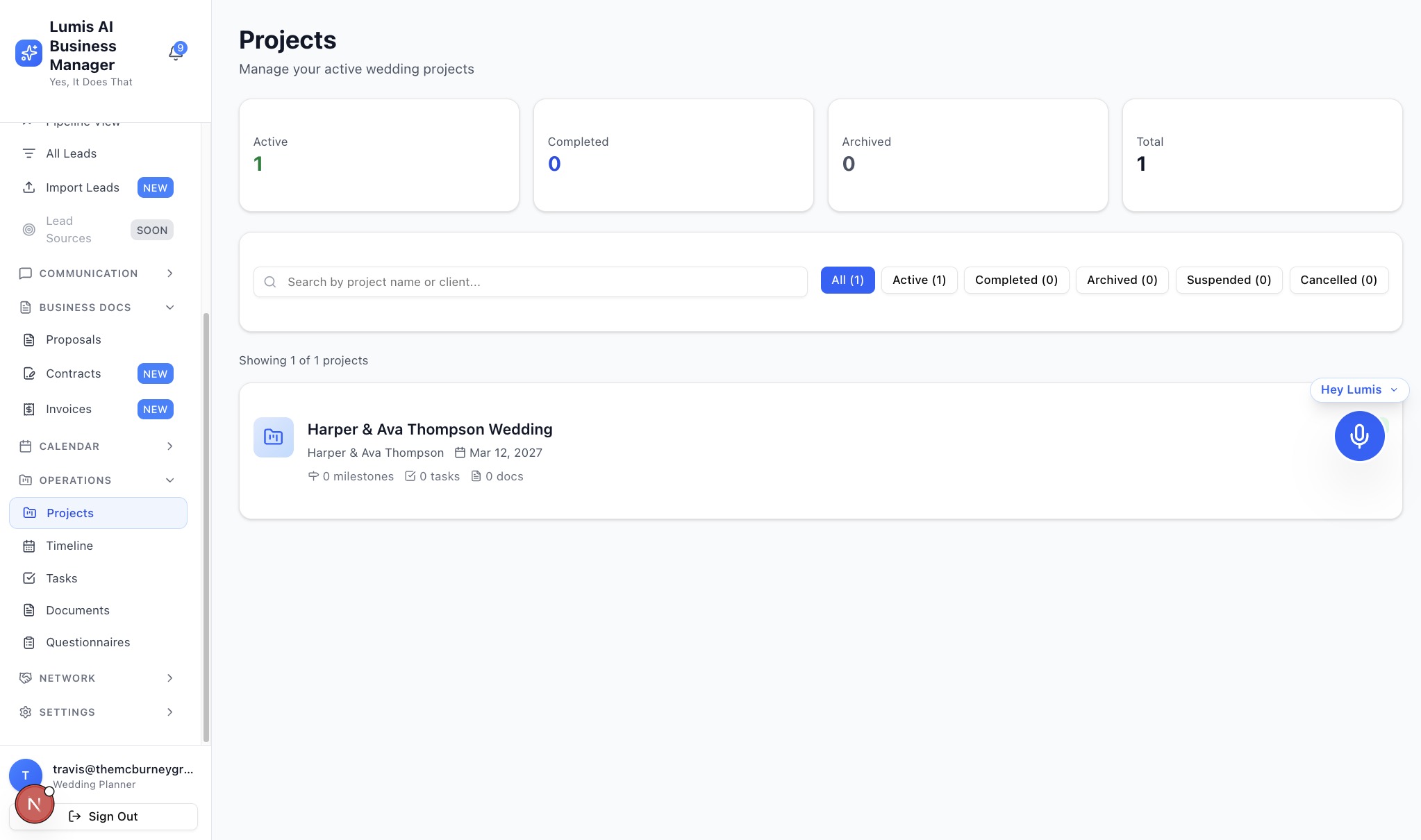 Lumis Projects view showing active wedding projects with milestones, tasks, and document tracking