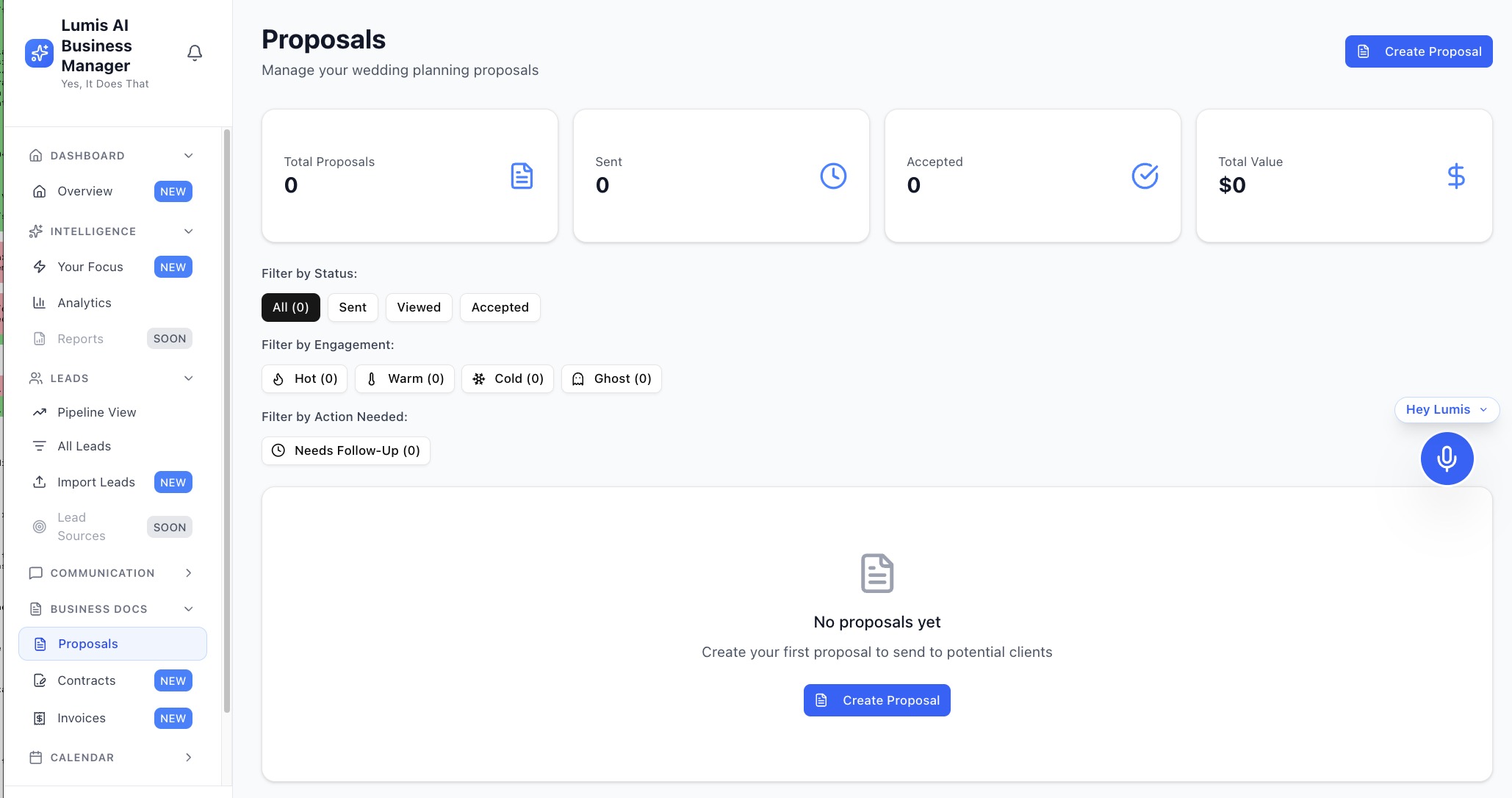 Lumis Proposals view showing status and engagement filtering for wedding planning proposals