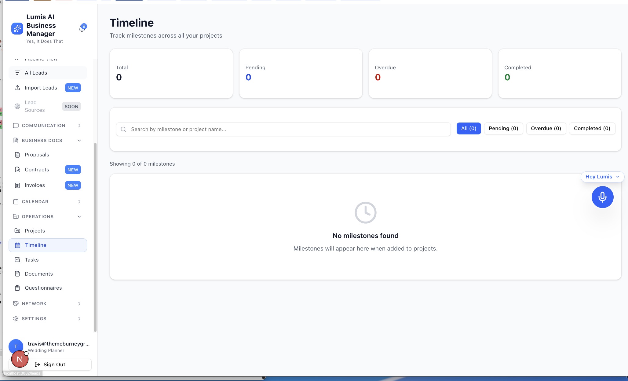 Lumis Timeline view showing milestones across all projects with pending, overdue, and completed filters