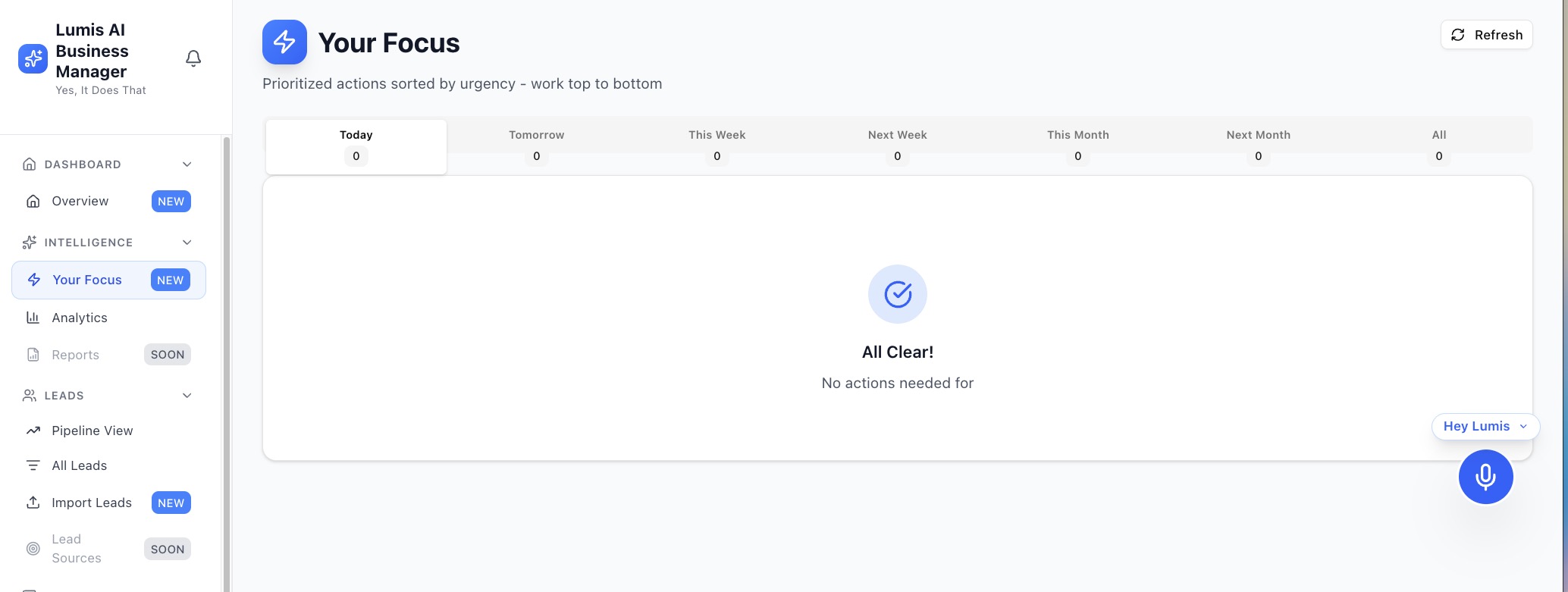 Lumis Your Focus view showing prioritized actions sorted by urgency across time horizons